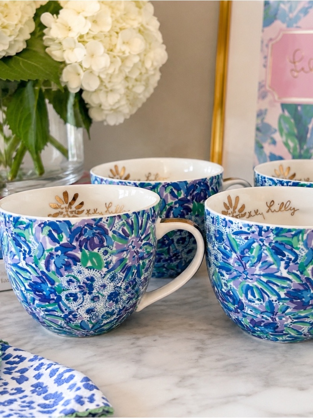 Lilly Pulitzer Blue & Green Floral Ceramic Mugs - Set of 4